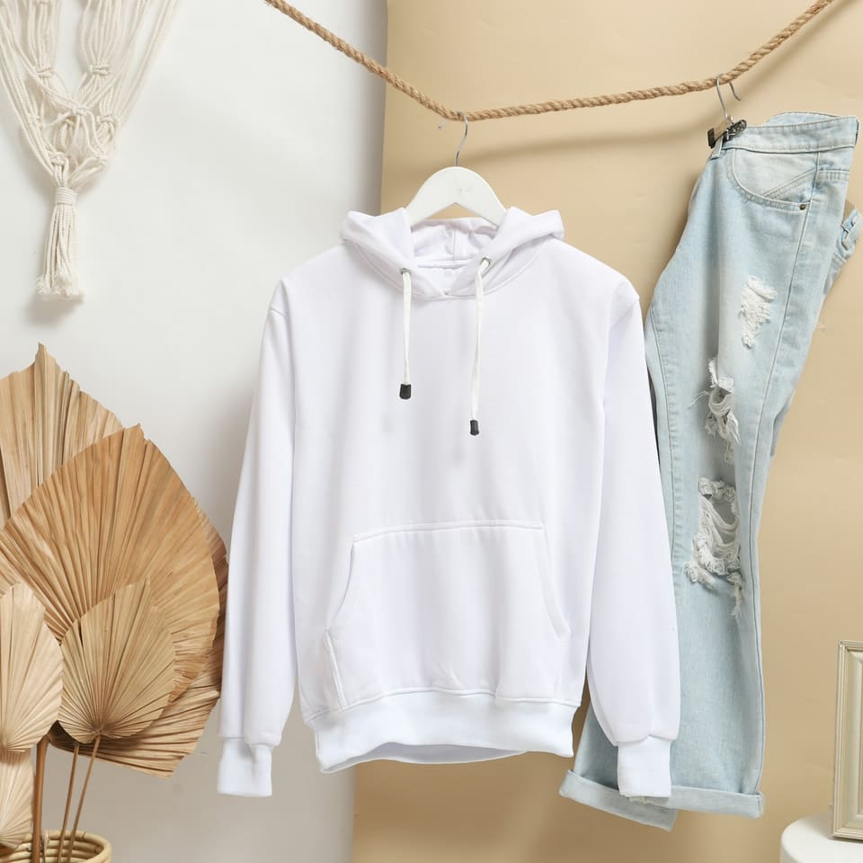 A plain white hoodie on a hanger