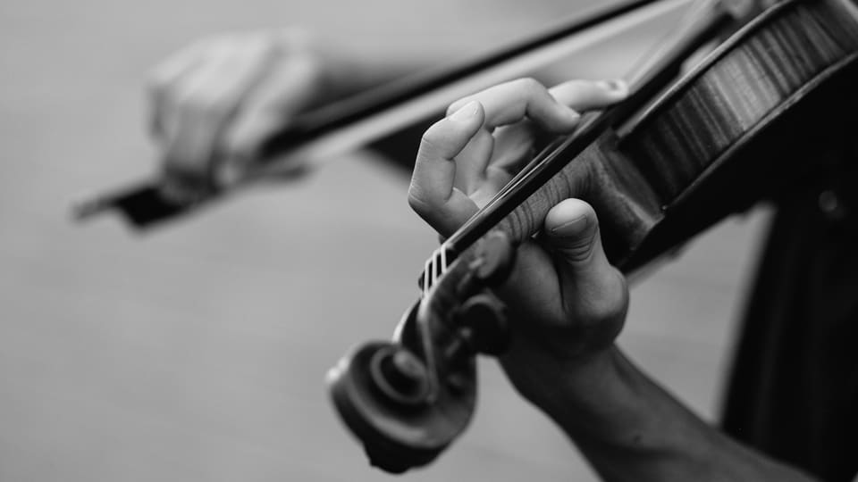 Black-and-white close-up of a violinist's hands